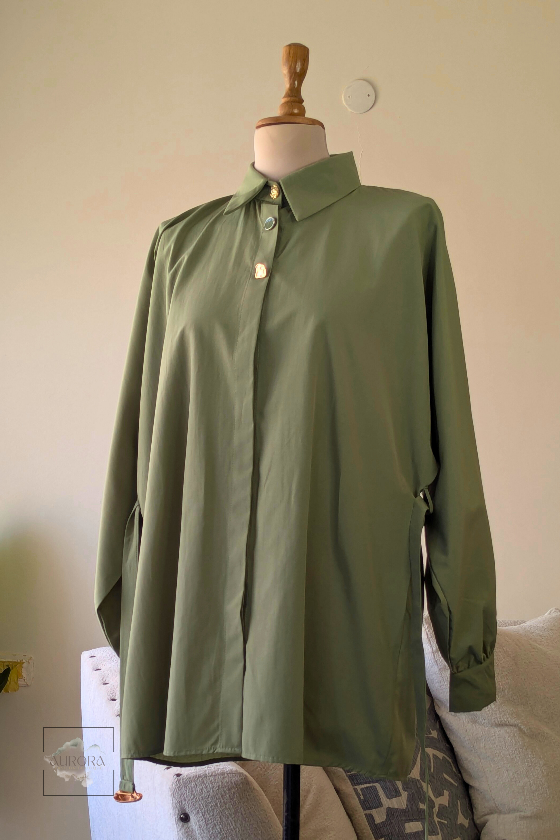 Formal Belted Long Sleeve Shirt with Decorative Buttons in Khaki – Aurora Fashion Boutique