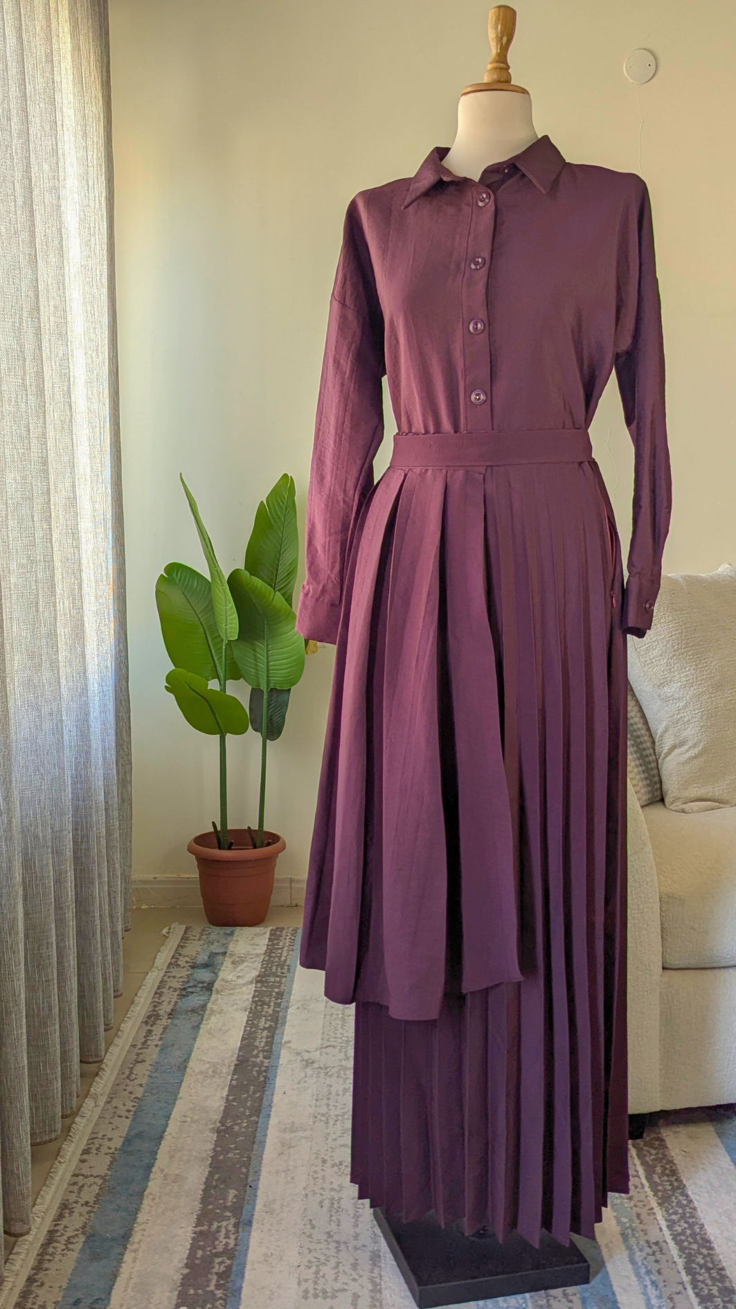 Accordion Pleated Suit with Belted Shirt & Asymmetric Overlay