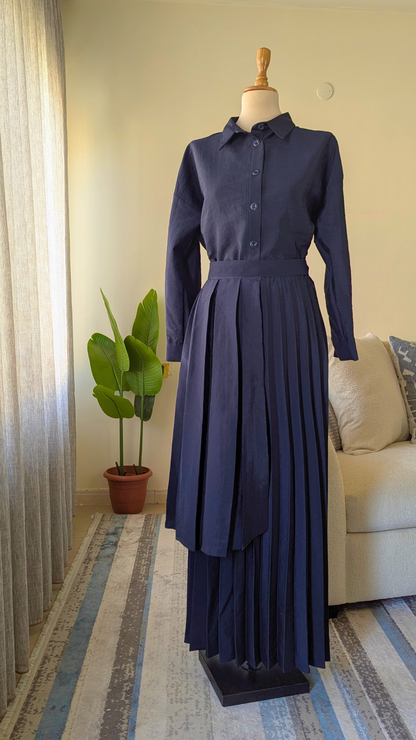 Accordion Pleated Suit with Belted Shirt & Asymmetric Overlay