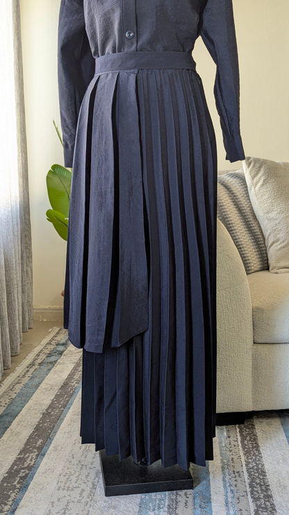 Accordion Pleated Suit with Belted Shirt & Asymmetric Overlay