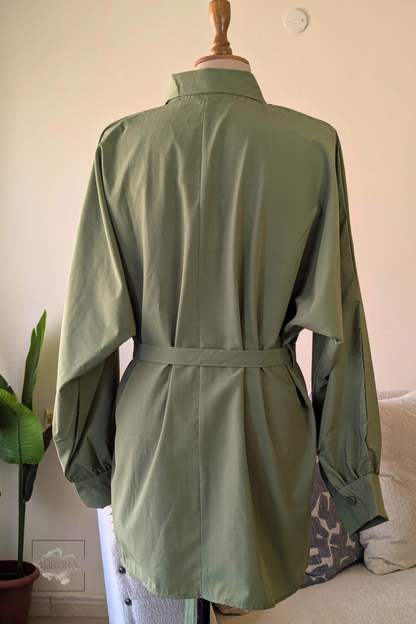 Formal Belted Long Sleeve Shirt with Decorative Buttons in Khaki – Aurora Fashion Boutique