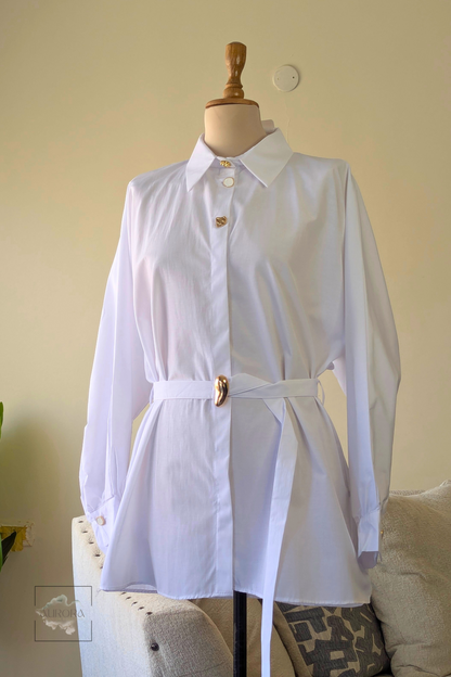 Formal Belted Long Sleeve Shirt with Decorative Buttons in White – Aurora Fashion Boutique