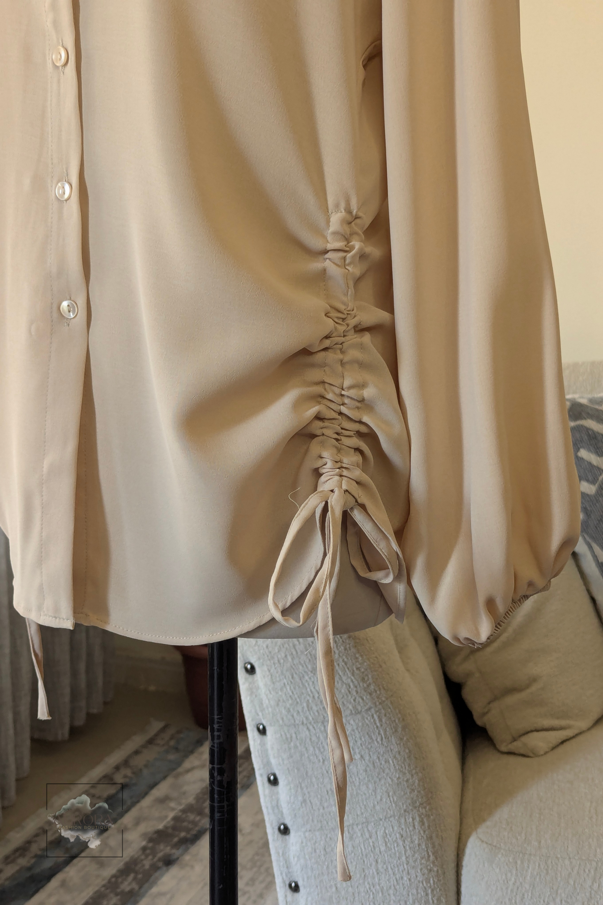 Side-Tie Long Sleeve Shirt in Stone, Polyester – Aurora Fashion Boutique