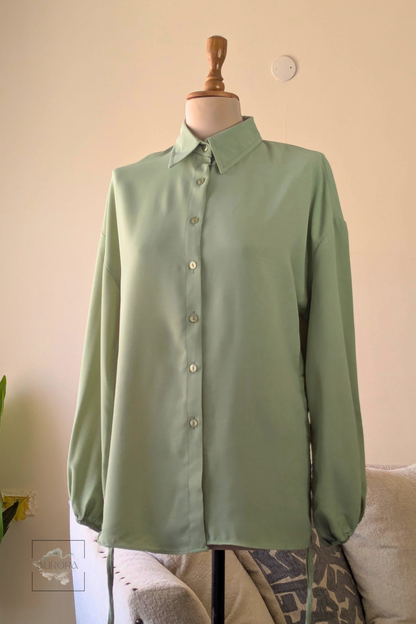 Side-Tie Long Sleeve Shirt in Mint, Polyester – Aurora Fashion Boutique