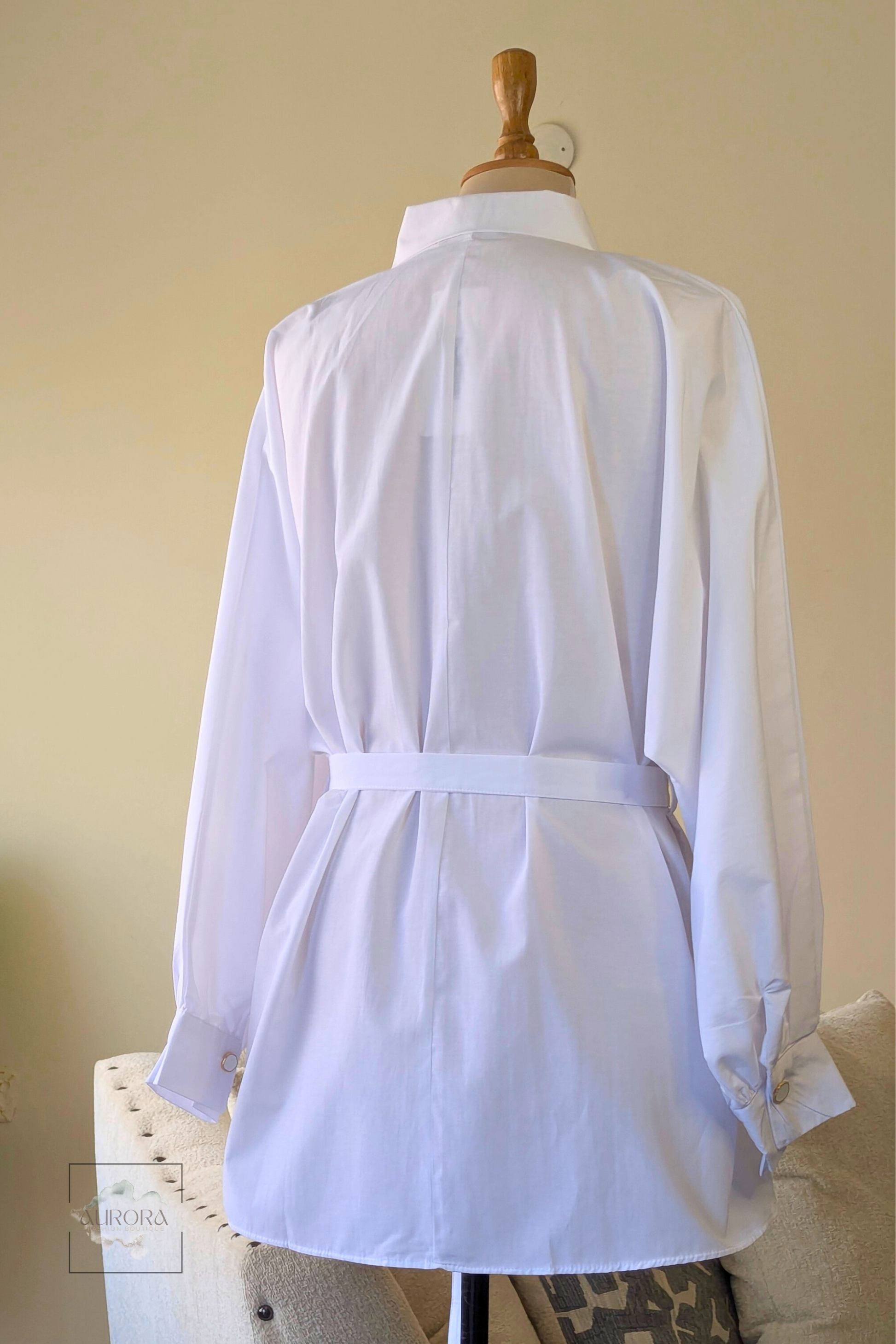 Formal Belted Long Sleeve Shirt with Decorative Buttons in White – Aurora Fashion Boutique