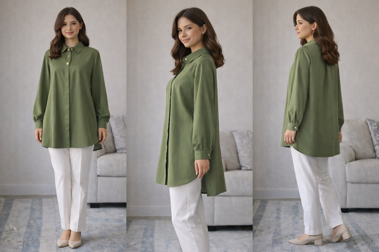 Formal Belted Long Sleeve Shirt with Decorative Buttons