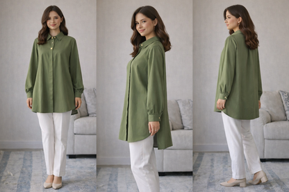 Formal Belted Long Sleeve Shirt with Decorative Buttons
