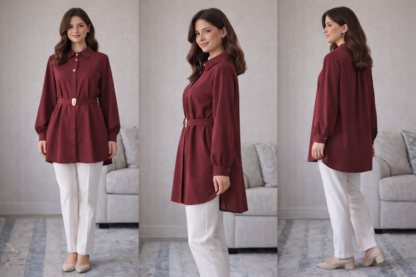 Formal Belted Long Sleeve Shirt with Decorative Buttons
