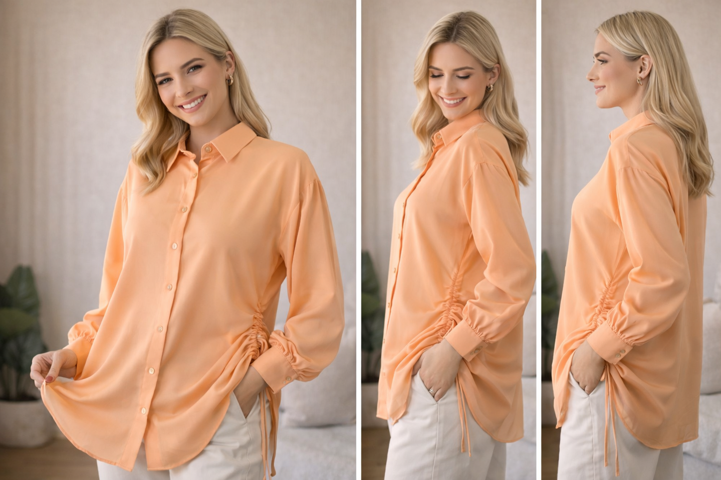 Side-Tie Long Sleeve Shirt – Elegant Polyester