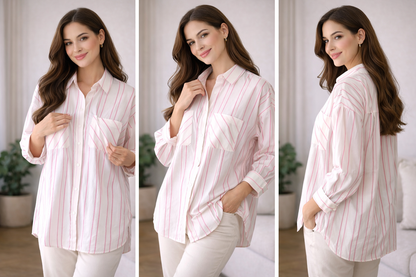 Striped Double Pocket Shirt - Beige