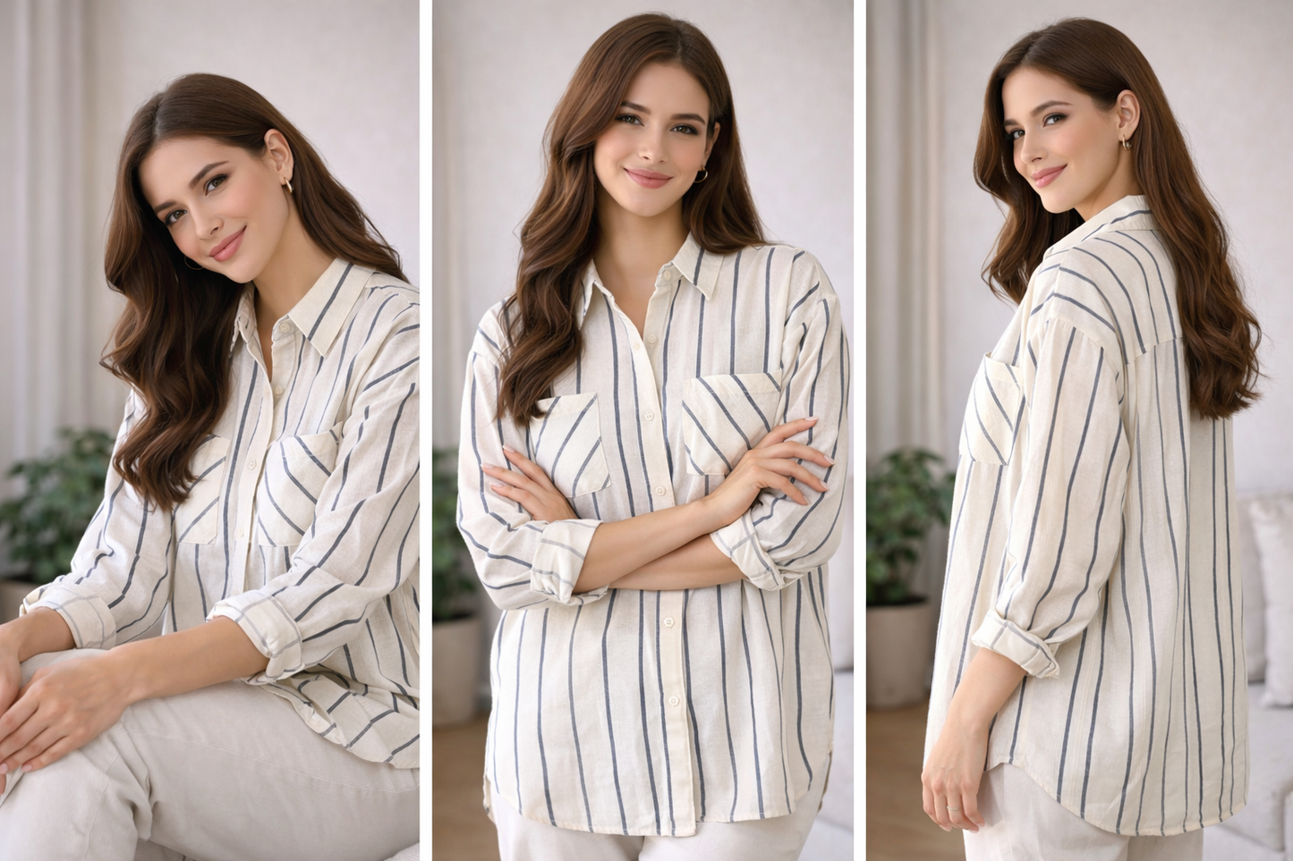 Striped Double Pocket Shirt - Beige