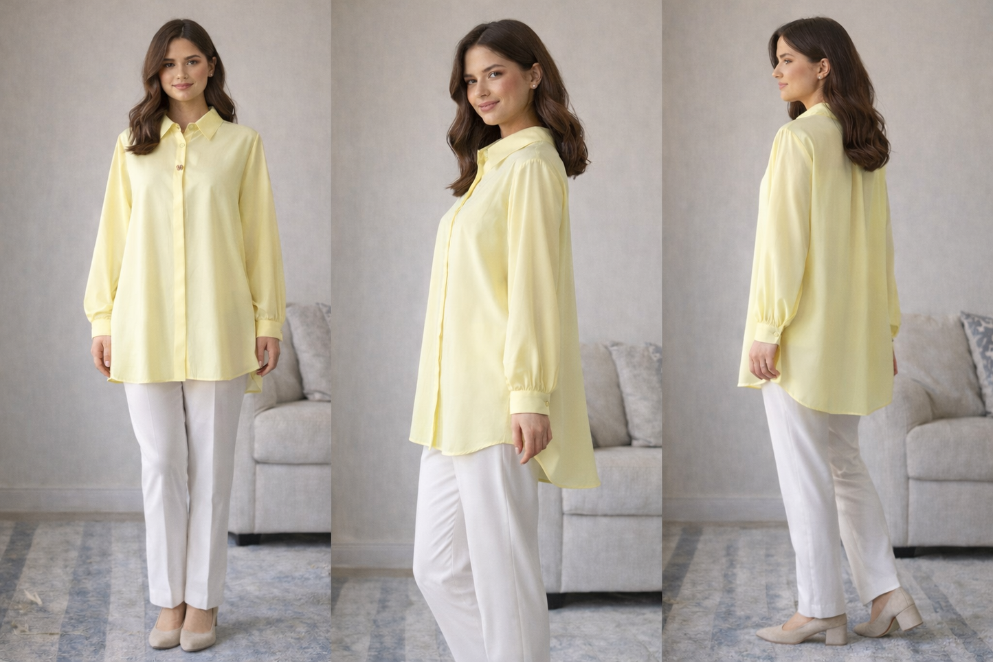 Formal Belted Long Sleeve Shirt with Decorative Buttons