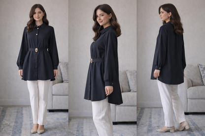Formal Belted Long Sleeve Shirt with Decorative Buttons