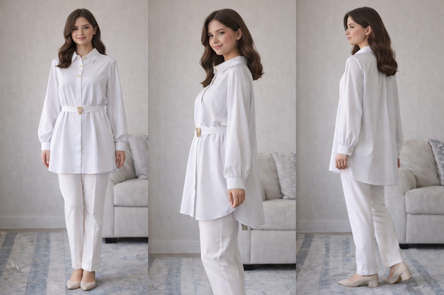 Formal Belted Long Sleeve Shirt with Decorative Buttons