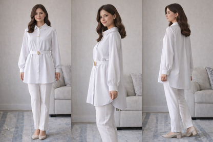 Formal Belted Long Sleeve Shirt with Decorative Buttons