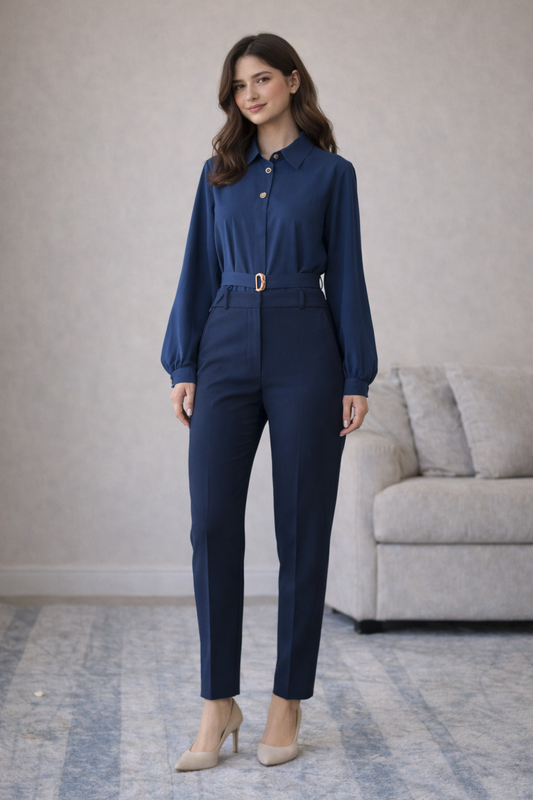 Formal Belted Long Sleeve Shirt with Decorative Buttons
